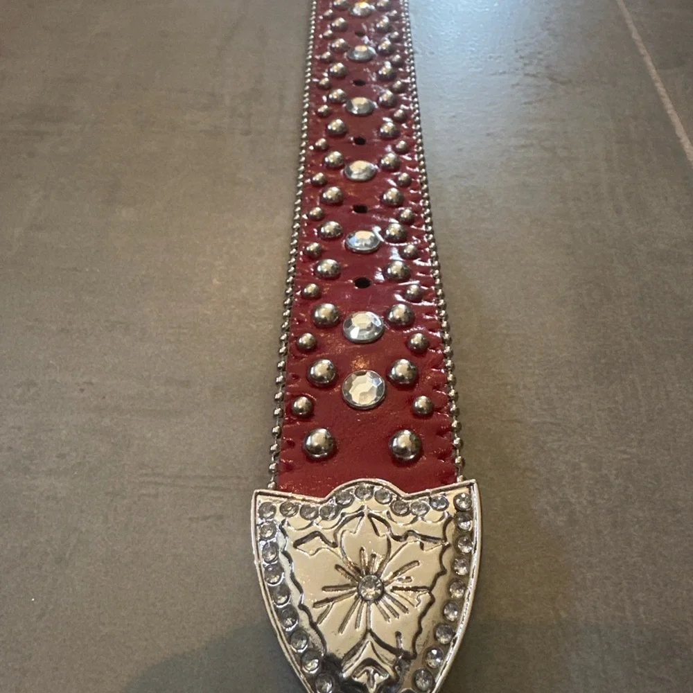 Elegant Red Studded Belt with Ornate Silver Buckle NWT
